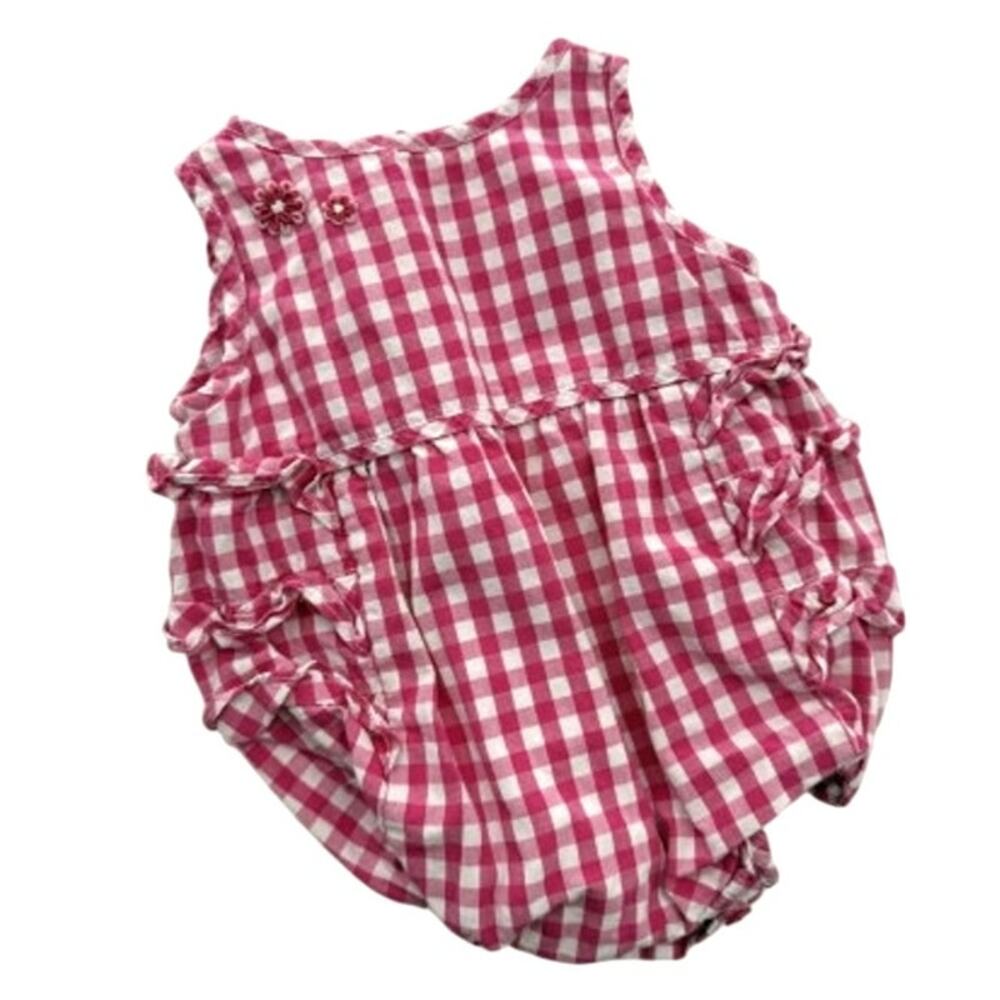 Strasburg Baby Pink Gingham Bubble Romper Ruffle Back 3 months